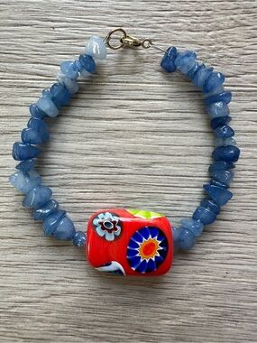 Murano Style Millefiori Glass & Blue Stone Chip Bracelet 7" Blue Red Yellow